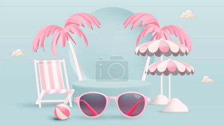Téléchargez les illustrations : Summer and Beach choses avec podium dans un style d'art réaliste 3D avec illustration vectorielle couleur pastel - en licence libre de droit
