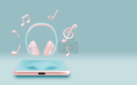 Téléchargez les illustrations : Mobile phone with Music notes, song, melody or tune 3d realistic vector icon for musical apps and websites background vector illustration - en licence libre de droit