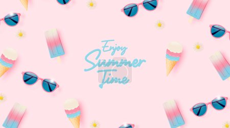 Illustration for Sunglasses and Popsicle and Ice cream for summer season very cute character design in pastel scheme vector illustration - Royalty Free Image