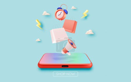 Ilustración de Bolsa de compras y teléfono móvil para la venta banner aplicación de compras en línea en 3d realista estilo de arte y pastel esquema de ilustración vectorial - Imagen libre de derechos
