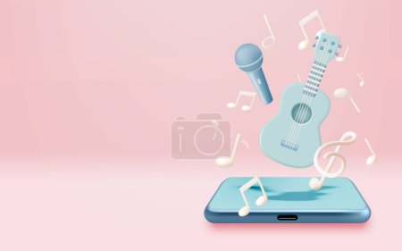 Téléchargez les illustrations : Mobile phone with Music notes, song, melody or tune 3d realistic vector icon for musical apps and websites background vector illustration - en licence libre de droit