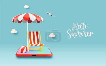 Illustration for Mobile phone and Deck chair for Summer wiht Beach stuff for travel application in 3d realistic art style with pastel color vector illustration - Royalty Free Image