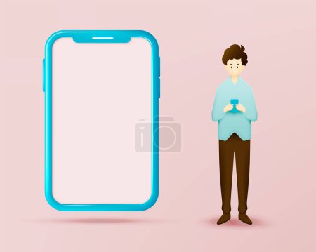 Ilustración de Hombre de negocios con el teléfono inteligente se burlan de fondo de la bandera en pastel esquema de color ilustración vectorial - Imagen libre de derechos
