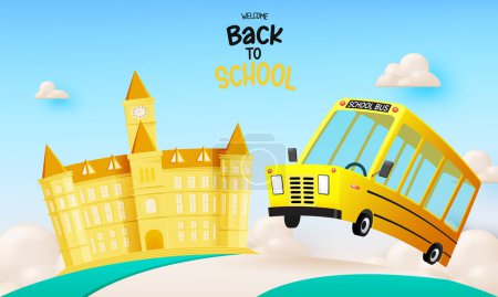 Illustration for School bus 3D art style driving on the road with beautiful sky background vector illustration - Royalty Free Image