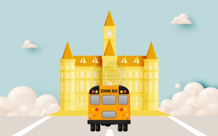 Ilustración de Autobús escolar estilo de arte 3D conducción en la carretera con hermoso cielo fondo vector ilustración - Imagen libre de derechos