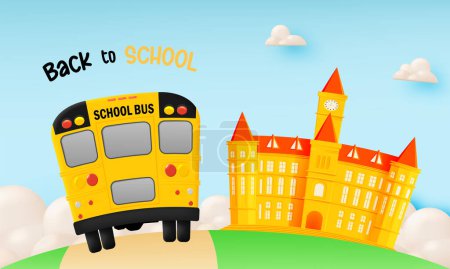 Ilustración de Autobús escolar estilo de arte 3D conducción en la carretera con hermoso cielo fondo vector ilustración - Imagen libre de derechos