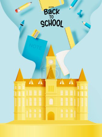 Illustration for School 3D art style with school supplies vector illustration - Royalty Free Image