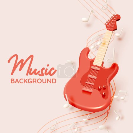 Illustration for Electric guitar with Music notes, song, melody or tune 3d realistic vector icon for musical apps and websites background vector illustration - Royalty Free Image
