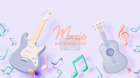 Ilustración de Guitarra eléctrica y Ukulele con notas de música, canción, melodía o melodía 3d icono de vector realista para aplicaciones musicales y sitios web ilustración vector de fondo - Imagen libre de derechos