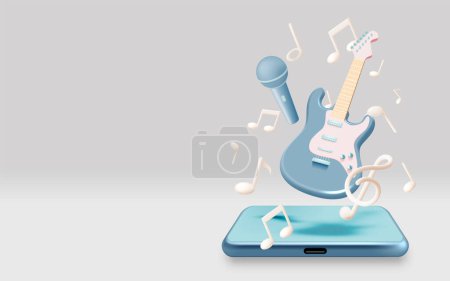 Téléchargez les illustrations : Guitare électrique avec vecteur de téléphonie mobile pour applications musicales et sites web illustration vectorielle de fond dans un schéma de couleurs pastel - en licence libre de droit