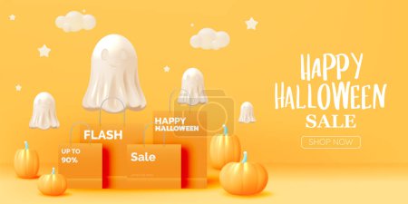 Téléchargez les illustrations : Happy halloween vente saisonnière bannière coloré fond vectoriel illustration - en licence libre de droit