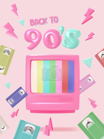Téléchargez les illustrations : Bandes TV et VHS dans l'humeur de la nostalgie des années 90 illustration vectorielle réaliste de schéma de couleurs pastel - en licence libre de droit
