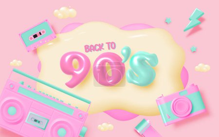 Téléchargez les illustrations : Cassette et radio boom box avec bannière thème concept nostalgie des années 90 ou fond vectoriel illustration dans un schéma coloré pastel - en licence libre de droit