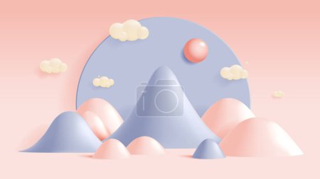 Téléchargez les illustrations : Chaîne de montagnes pastel tranquille avec des sommets doux et stylisés sous un ciel de rêve orné de nuages doux, dans une palette de couleurs sereine, illustration vectorielle 3D - en licence libre de droit