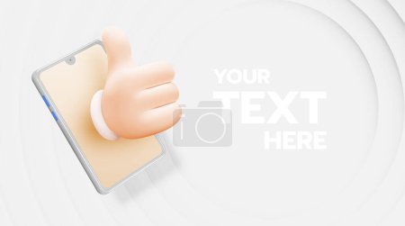 Téléchargez les illustrations : Dessin animé main avec pouce doigt vers le haut pour comme icône avec application de téléphone mobile illustration vectorielle - en licence libre de droit