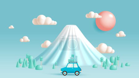 Téléchargez les illustrations : Tranquille chaîne de montagnes pastel Fuji avec des sommets doux et stylisés sous un ciel onirique orné de nuages doux, dans une palette de couleurs sereine, illustration vectorielle 3D - en licence libre de droit