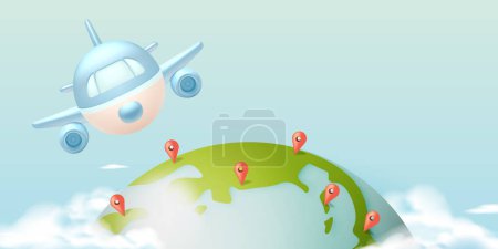 Illustration for Cute Airplane flying in the sky 3d art with beautiful background vector illustration - Royalty Free Image