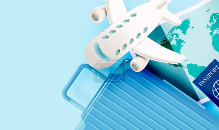 Téléchargez les illustrations : Mignon avion volant dans le ciel art 3D avec belle illustration vectorielle de fond - en licence libre de droit