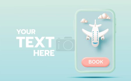 Téléchargez les illustrations : Un design publicitaire pour smartphone avec un avion 3D et des nuages, invitant les utilisateurs à réserver leurs vols d'un simple clic - en licence libre de droit