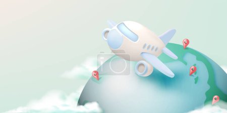 Téléchargez les illustrations : Un avion ludique de couleur pastel traverse un globe stylisé, parsemé d'épinglettes de localisation, symbolisant la joie du voyage et de la découverte - en licence libre de droit