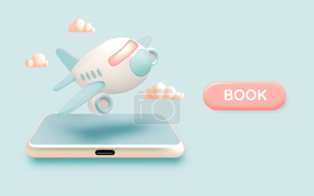 Téléchargez les illustrations : Un design publicitaire pour smartphone avec un avion 3D et des nuages, invitant les utilisateurs à réserver leurs vols d'un simple clic - en licence libre de droit