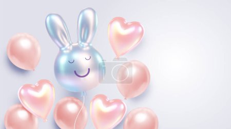 Eine skurrile Darstellung von glänzenden Ballonhasen in sanften Pastelltönen von Rosa und Blau, die vor einem klaren, heiteren Himmel schweben und den spielerischen Geist von Ostern evozieren
