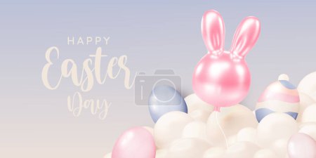 Eine skurrile Darstellung von glänzenden Ballonhasen in sanften Pastelltönen von Rosa und Blau, die vor einem klaren, heiteren Himmel schweben und den spielerischen Geist von Ostern evozieren