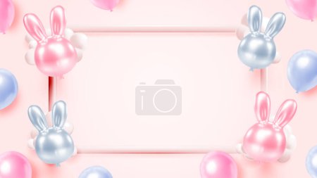 Téléchargez les illustrations : Un étalage fantaisiste de lapins ballon brillants dans des tons pastel doux de rose et de bleu, flottant contre un ciel clair et serein, évoquant l'esprit ludique de Pâques - en licence libre de droit