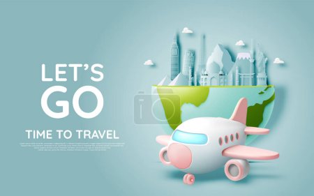 Illustration for This travel-themed background showcases stylish essentials including a pastel suitcase, toy airplane, and passport, inviting a spirit of adventure. - Royalty Free Image