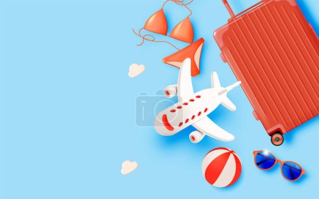 Illustration for This summer travel background captures the essence of vacation with a playful airplane, beach chair, and palm trees under a sunny sky. - Royalty Free Image
