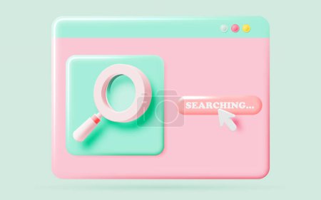Una colorida ilustración en 3D de una interfaz de búsqueda web con una lupa, botón de búsqueda y cursor sobre un fondo pastel, que representa la funcionalidad de búsqueda en línea en un diseño visualmente atractivo