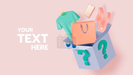 A dynamic mystery box image showcasing various fashion items like a t-shirt, shoes, sunglasses, and a shopping bag. The image features a customizable text area, perfect for promotional content or product announcements.