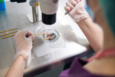 Foto de Científico genetista prepara material biológico para la vitrificación, la mujer trabaja en condiciones estériles - Imagen libre de derechos