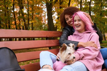 Téléchargez les photos : Joyeux jeune femme avec Yorkshire Terrier assis sur le banc dans le parc public étreint par sa petite amie heureuse - en image libre de droit