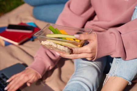 Téléchargez les photos : Photo recadrée d'une femme avec récipient à nourriture à la main assise sur une couverture tapant sur un ordinateur portable - en image libre de droit