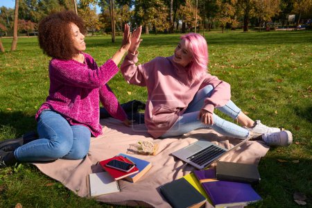 Photo for Two cheerful women giving each other high five while sitting on blanket in public park - Royalty Free Image