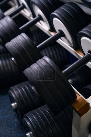Téléchargez les photos : Gros plan de plusieurs haltères en fer lourd stockées sur un rack de rangement à deux niveaux dans un club de fitness - en image libre de droit