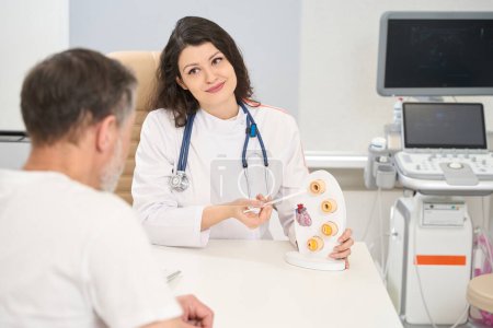Photo for Woman cardiologist in white coat sitting at table and showing model of heart to man in the clinic - Royalty Free Image