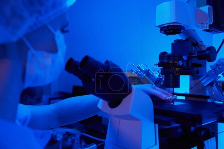 Foto de Científica en guante estéril colocando placa Petri con células entre dos soportes de pipeta en la etapa del microscopio - Imagen libre de derechos