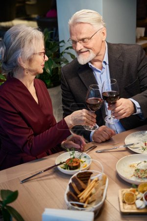 Foto de Hombre y mujer envejecidos tintineando vasos con vino mientras celebran la Navidad mirándose con amor - Imagen libre de derechos