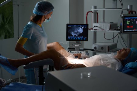 Téléchargez les photos : Médecin femme faisant un examen échographique de la femme enceinte sur le canapé médical avant l'accouchement dans la clinique de reproduction. Concept de grossesse et de maternité - en image libre de droit