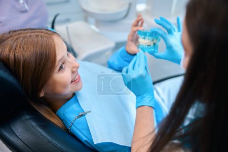 Foto de Mujer sostiene un modelo de una dentición en sus manos, consulta a una adolescente en una clínica dental - Imagen libre de derechos