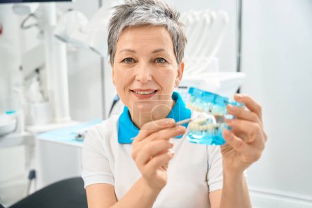 Foto de Atractiva mujer odontóloga y esteticista en uniforme blanco trabajando en su consultorio, estudiando demostrando modelo 3d de dientes con diferentes enfermedades e infecciones - Imagen libre de derechos