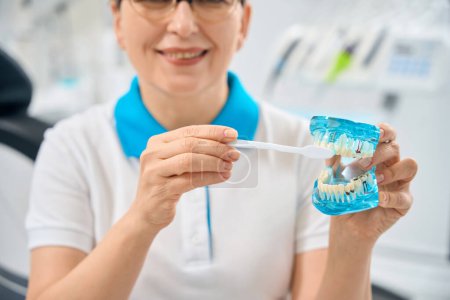 Photo for Skilled woman dental hygienist showing the right way to brush teeth holding 3d demonstrating jaw model and toothbrush, professional cleaning and polishing, good oral hygiene - Royalty Free Image