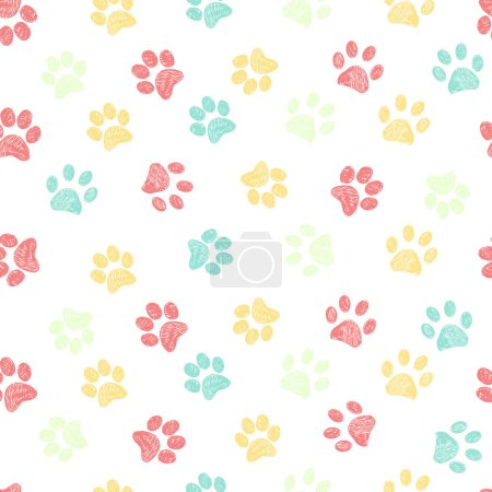 Illustration for Spring time colors doodle paw prints seamless fabric design pattern background - Royalty Free Image
