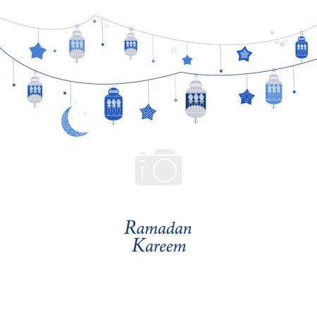Illustration for Ramadan Kareem with blue Lamps, Crescents and Stars. Traditional lantern of Ramadan greeting card - Royalty Free Image