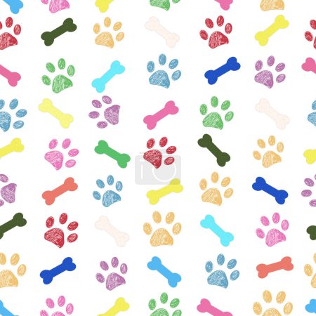 Rainbow colors paw prints and bone. Seamless fabric design pattern vector illustration
