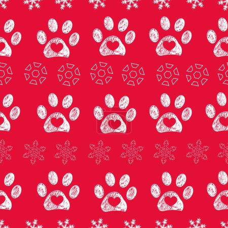 Ilustración de Navidad color rojo fondo color blanco pata impresiones y copos de nieve patrón sin costuras. Ilustración vectorial - Imagen libre de derechos