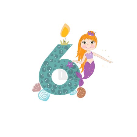 Téléchargez les illustrations : Jolie petite sirène six carte d'anniversaire une bougie et la vie marine. Illustration vectorielle - en licence libre de droit