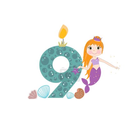 Téléchargez les illustrations : Jolie petite sirène neuf carte d'anniversaire une bougie et la vie marine. Illustration vectorielle - en licence libre de droit
